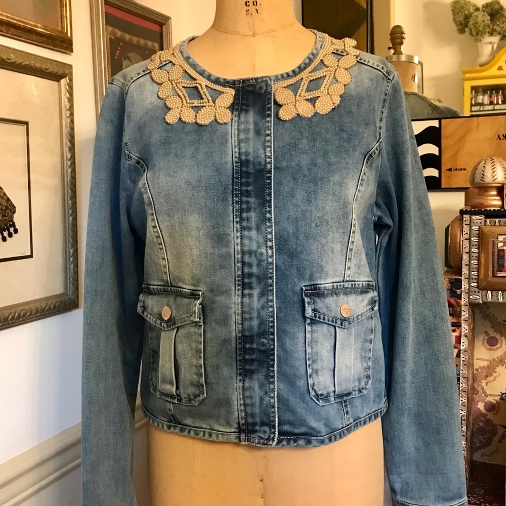 Denim Cargo Jacket with Vintage Bead Collar